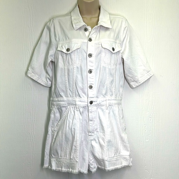 American Eagle - White Denim Coverall Button Down Short Sleeve Short Romper Med - Picture 3 of 14
